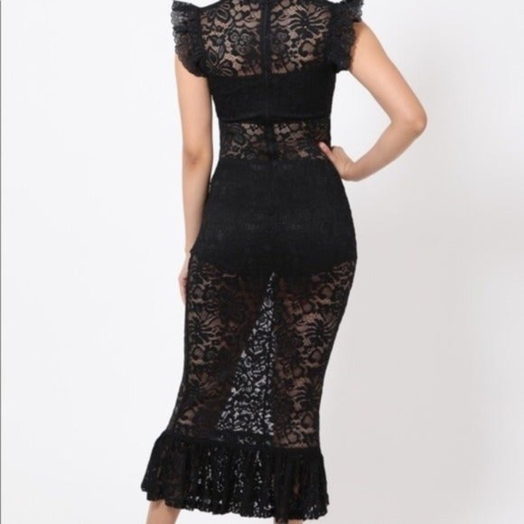 Valentine Black Sheer Lace Midi Dress - Picture 4 of 8